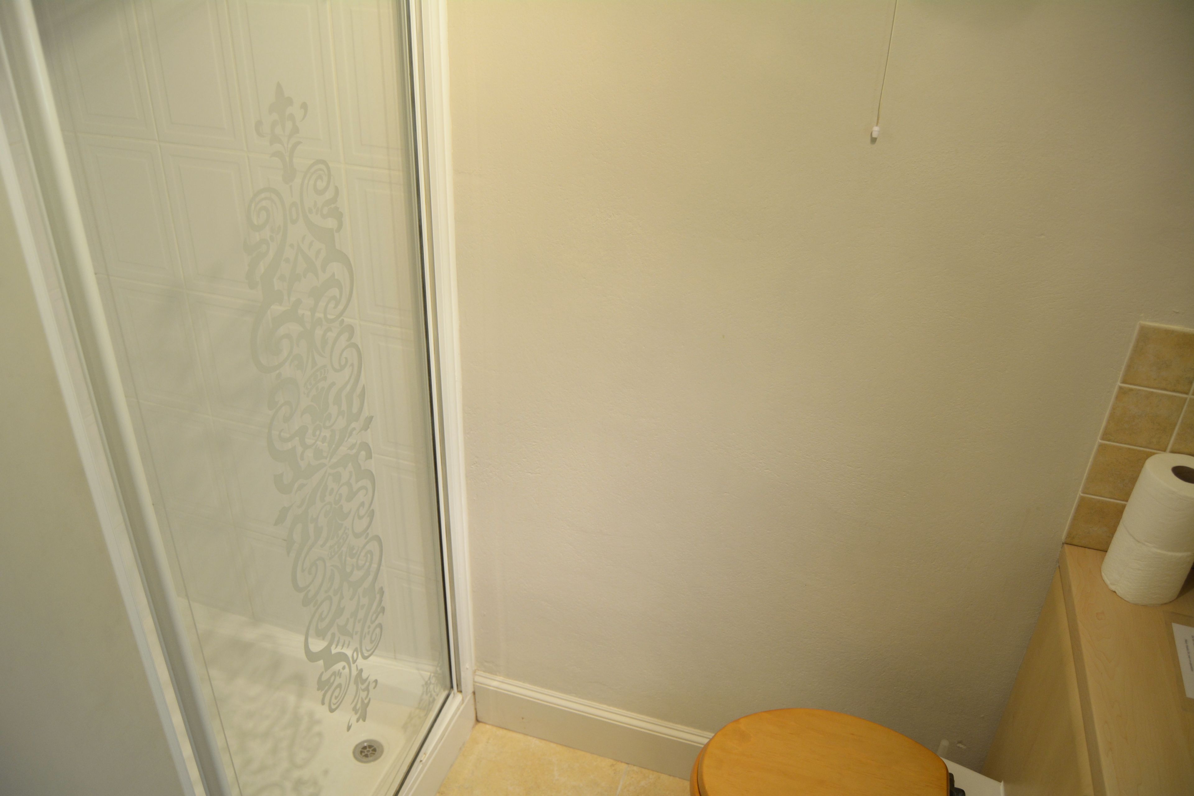 A bathroom with a shower, toilet, and a towel dispenser.