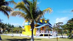 A colorful building with a blue roof and yellow walls, surrounded by a grassy area and palm trees. - Tropickeas (St. George's Caye)