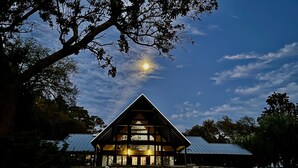 Una casa moderna con techo triangular y ventanas amplias, rodeada de árboles y un cielo despejado.