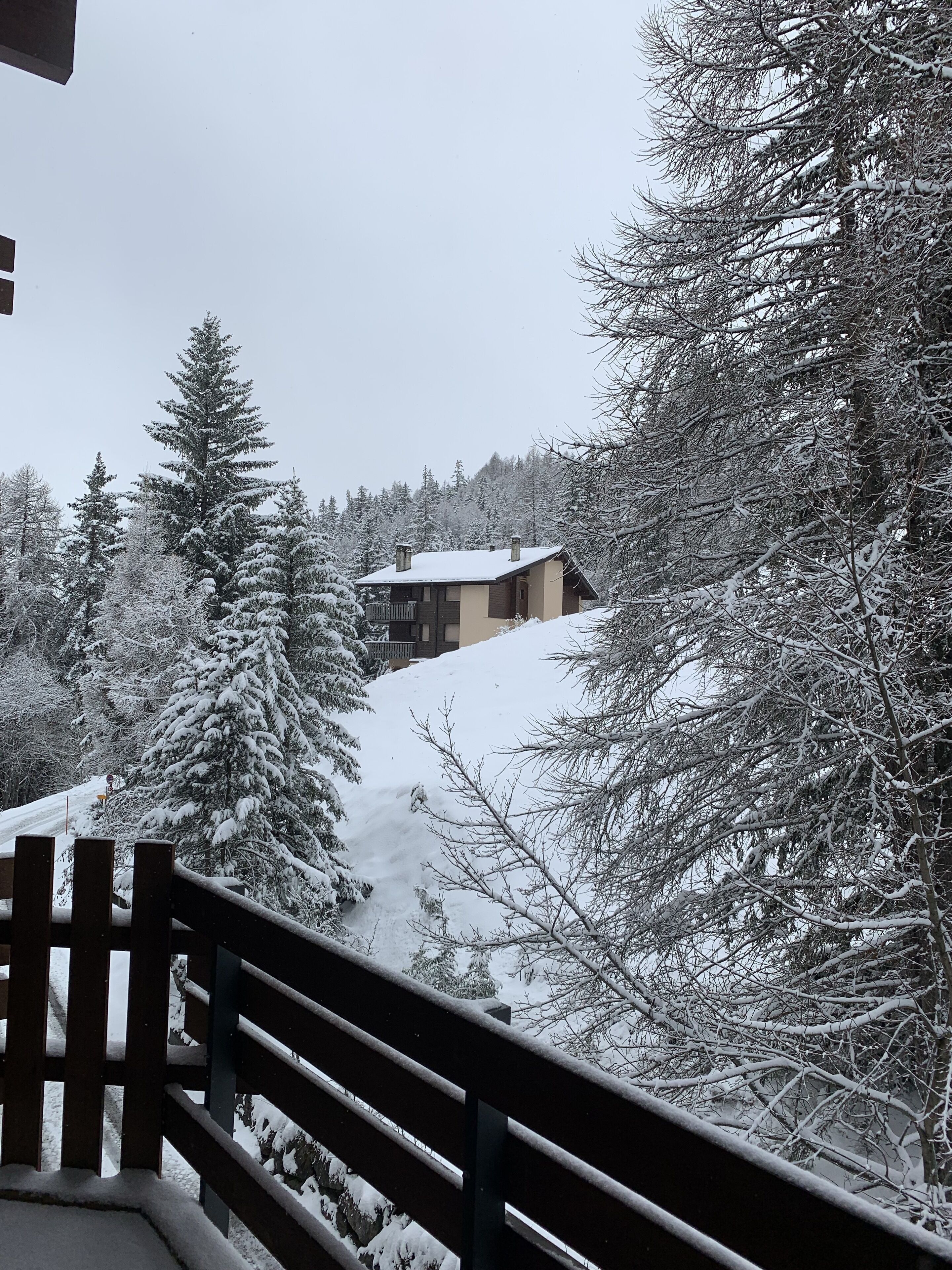 A snow-covered landscape with a wooden deck and a building in the background.