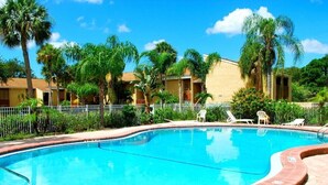 A swimming pool with a 3 ft 6 in depth, surrounded by palm trees and lounge chairs.