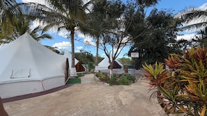 A row of white tents with a paved walkway between them, surrounded by tropical vegetation and a clear sky.