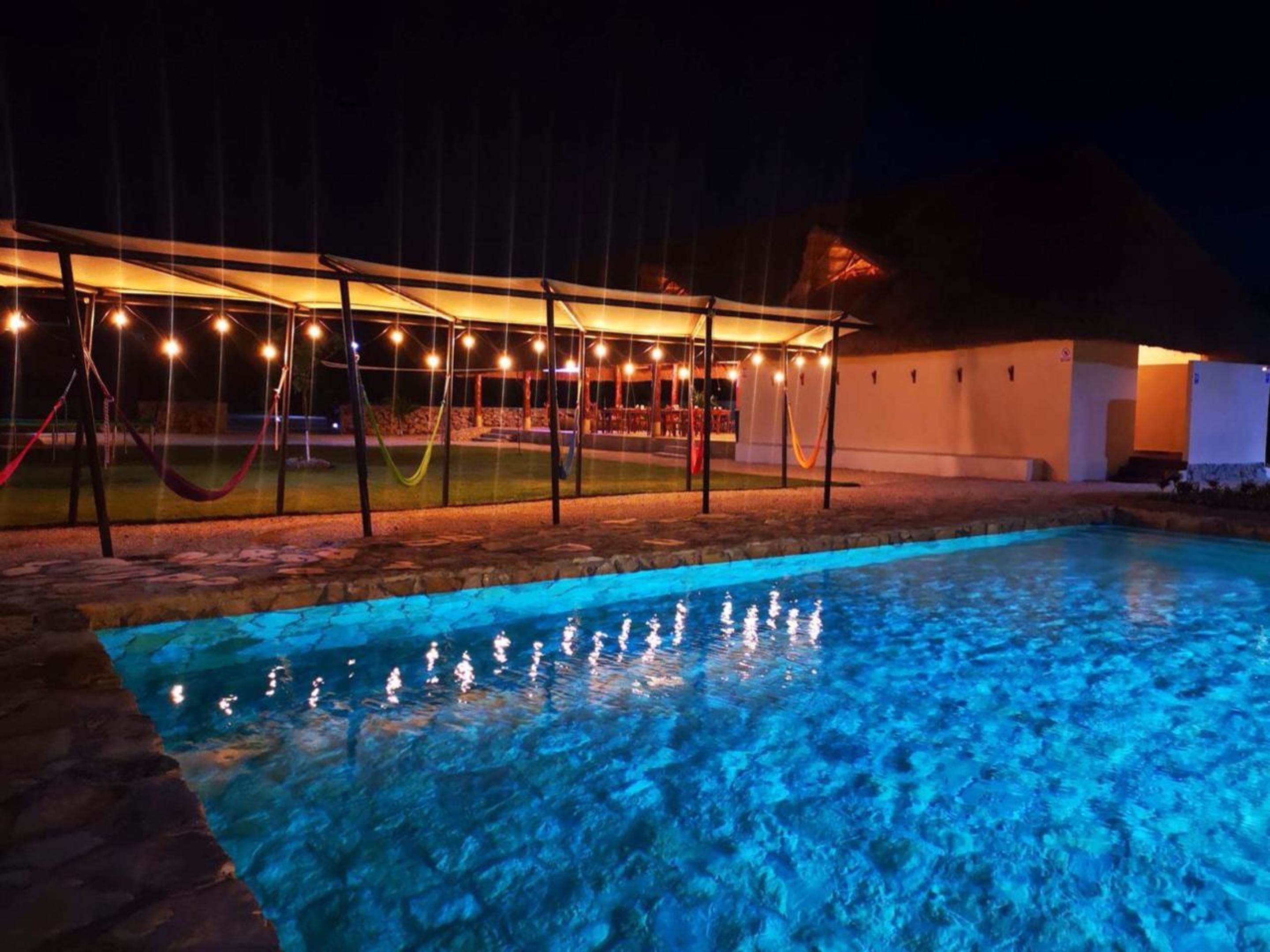 A swimming pool with a canopy and string lights at night.