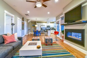 Smart TV, fireplace, books