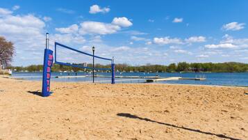 On the beach, sun loungers, beach towels