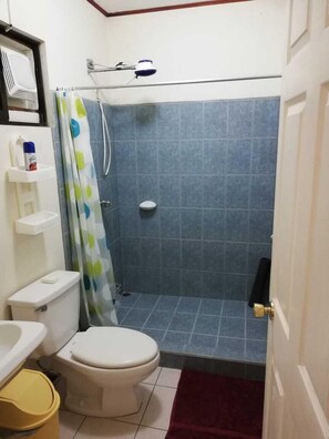 A small bathroom with a toilet, a shower, and a sink.
