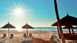 A beach with sun umbrellas and lounge chairs.