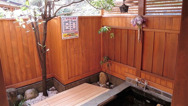 A traditional Japanese onsen with wooden walls, a stone platform, and a small pond. - Minshuku Ryokan Kawai (Shinshiro)