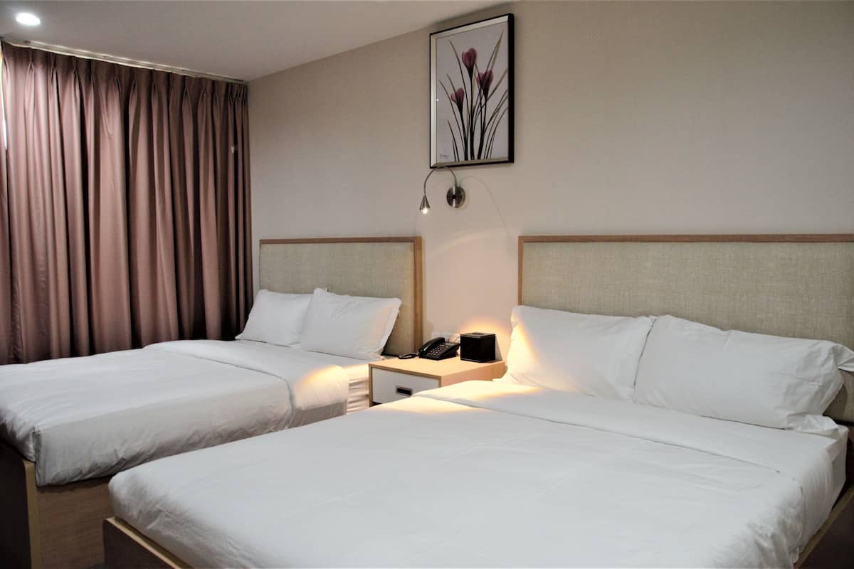 classic double room, 2 queen beds | down duvets, desk, soundproofing, iron/ironing board