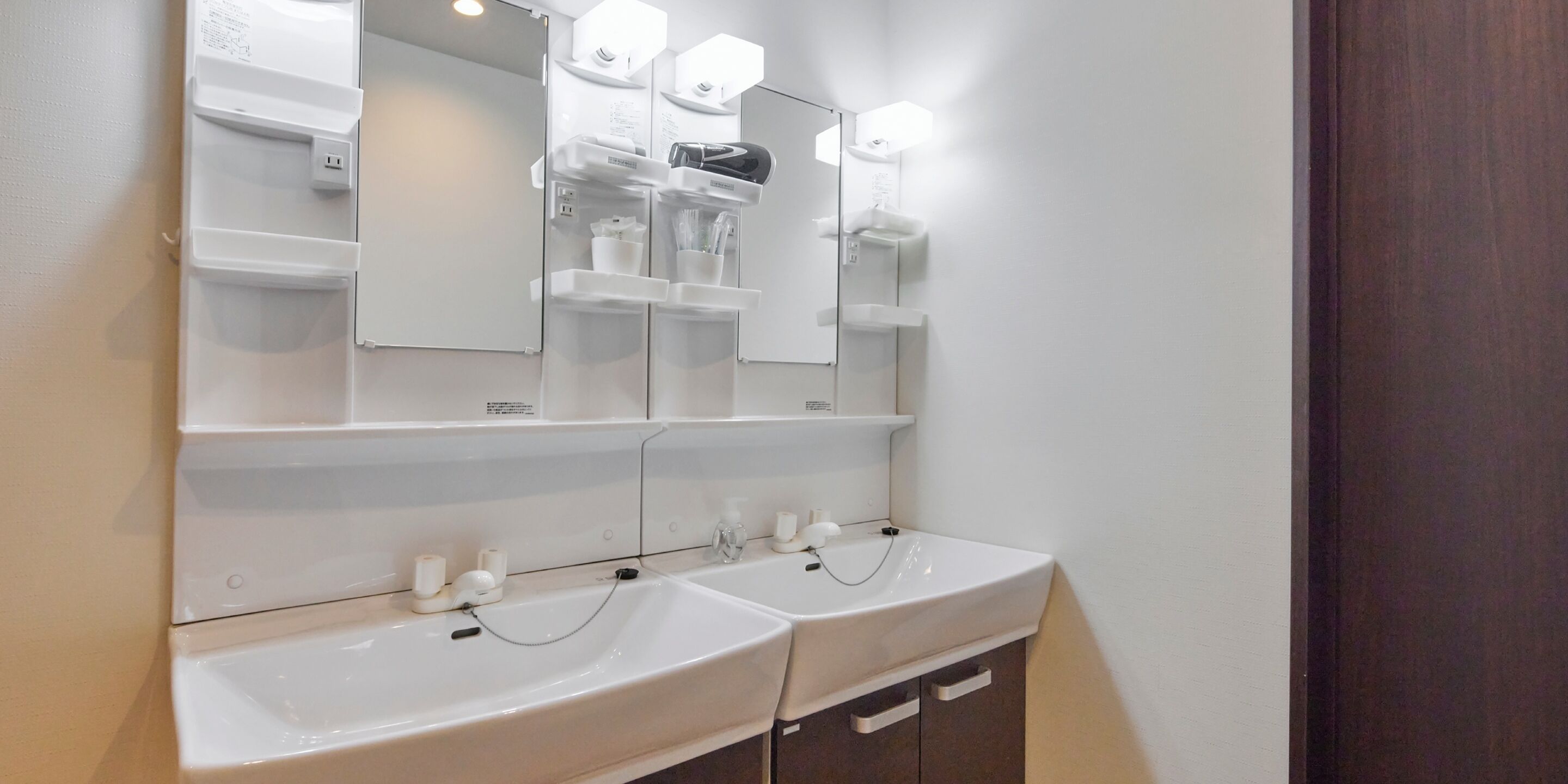 A bathroom with two sinks, a mirror, and a towel rack.