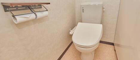 A toilet with a control panel, a toilet paper holder, and a wall-mounted shelf.