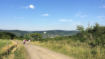 A dirt path with people walking, surrounded by greenery and hills.