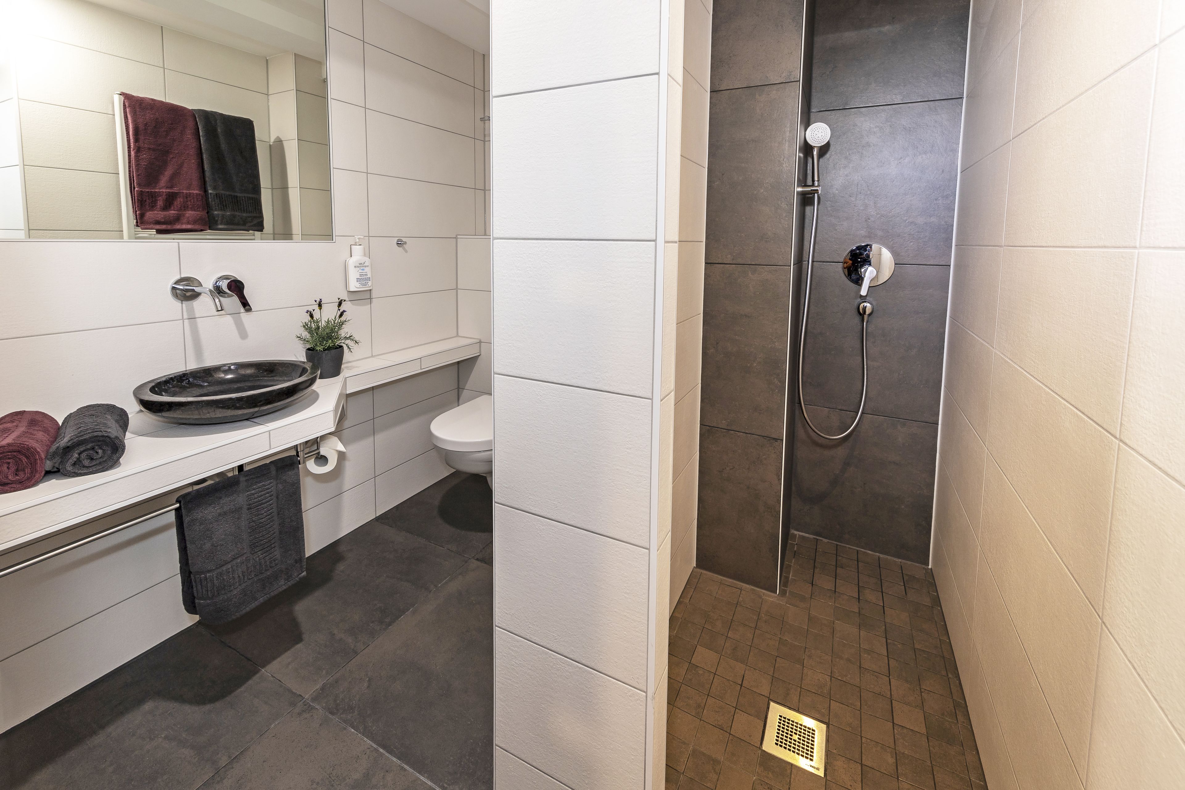 A modern bathroom with a white sink, dark tiles, a shower with a handheld showerhead, and a toilet.