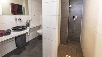 A modern bathroom with a white sink, dark tiles, a shower with a handheld showerhead, and a toilet.