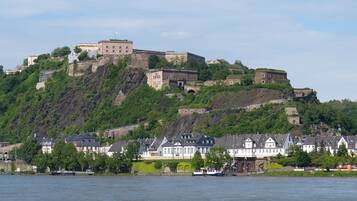A historic castle on a hill with traditional houses in the foreground.