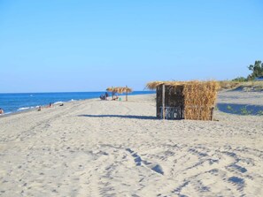 Une plage avec un abri de chaume et un sentier sablonneux menant à la mer.