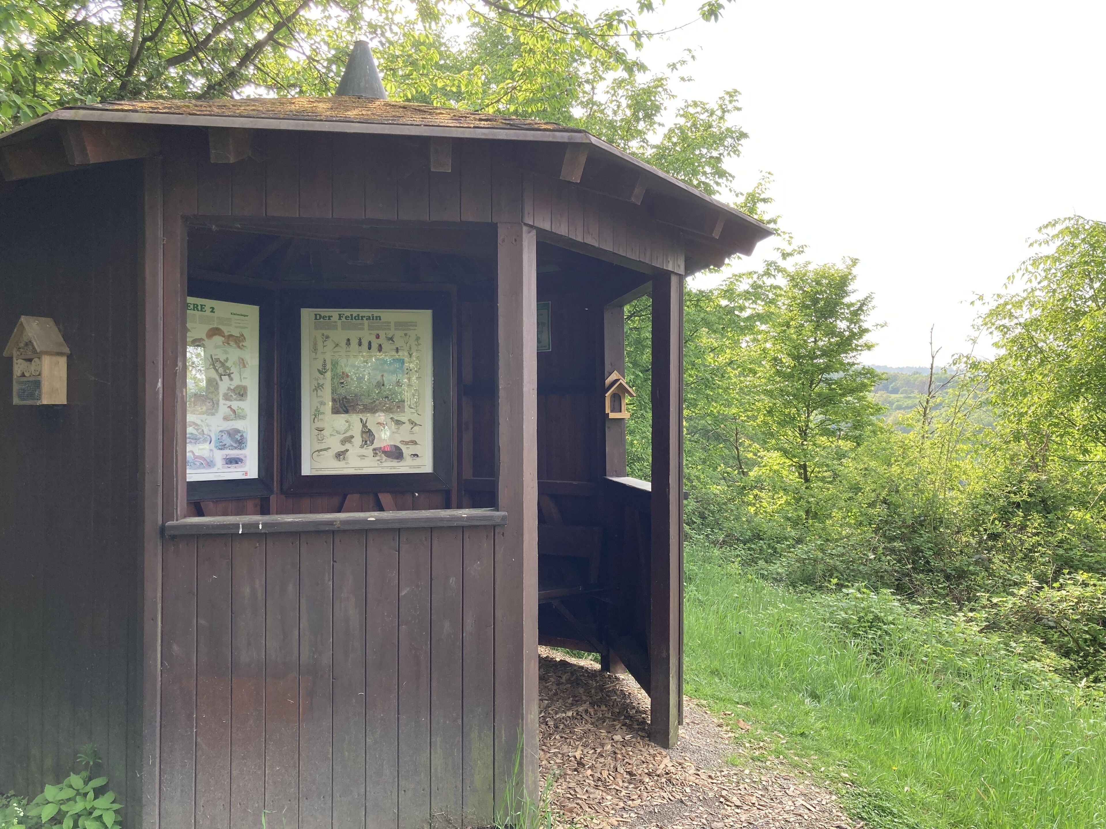 A wooden structure with a roof, featuring informational posters and a small birdhouse.