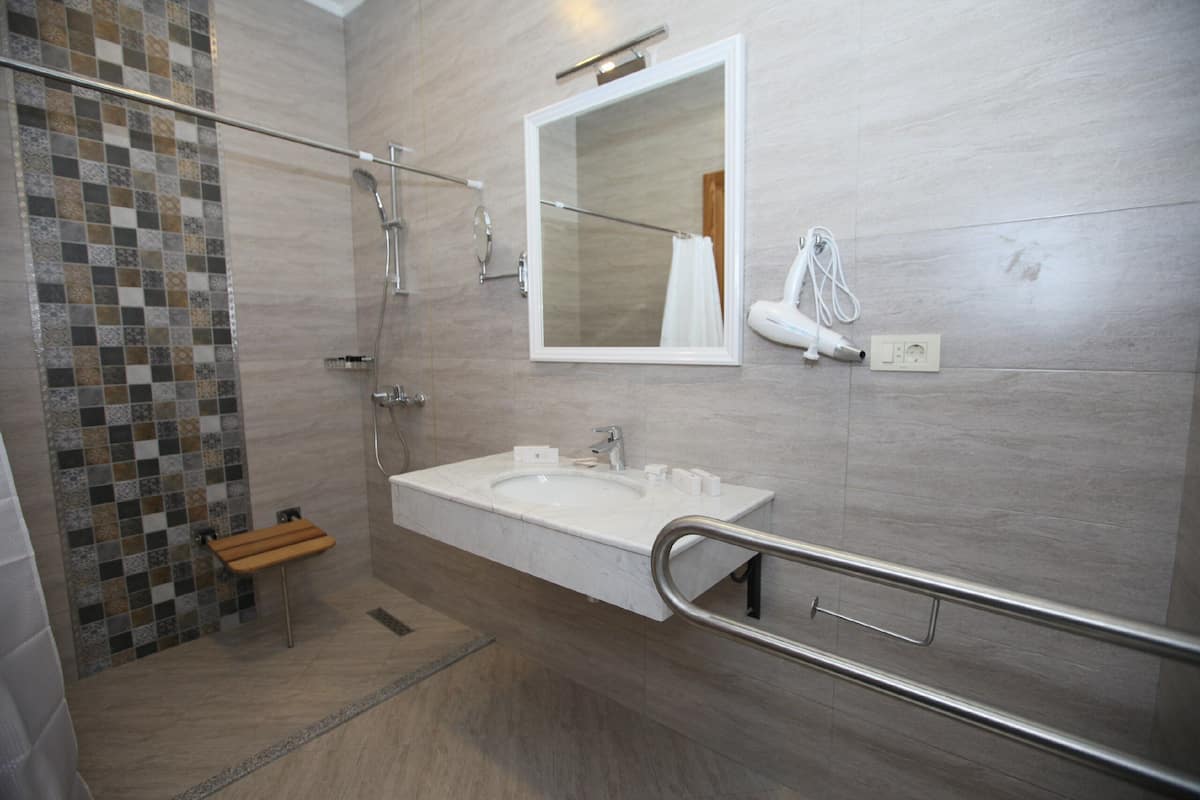 Camera con letto matrimoniale o 2 letti singoli, accessibile ai disabili | Bagno | Set di cortesia gratuito, asciugacapelli, accappatoio, pantofole