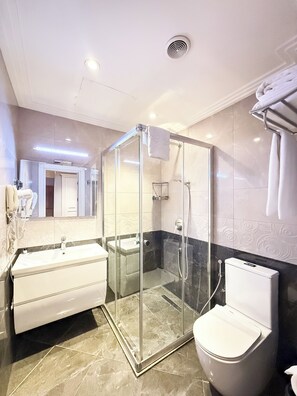 A modern bathroom with a glass-enclosed shower, a white toilet, and a vanity with a mirror. - Theatrum Hotel Baku (Baku)