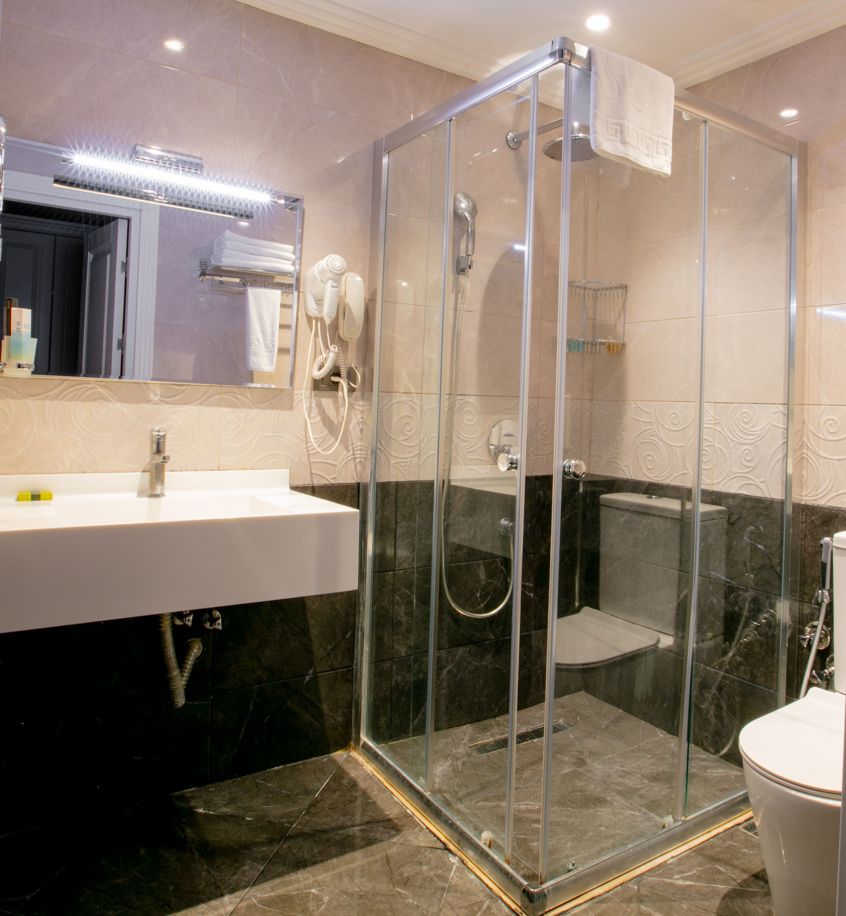 shower, free toiletries, hair dryer, bathrobes