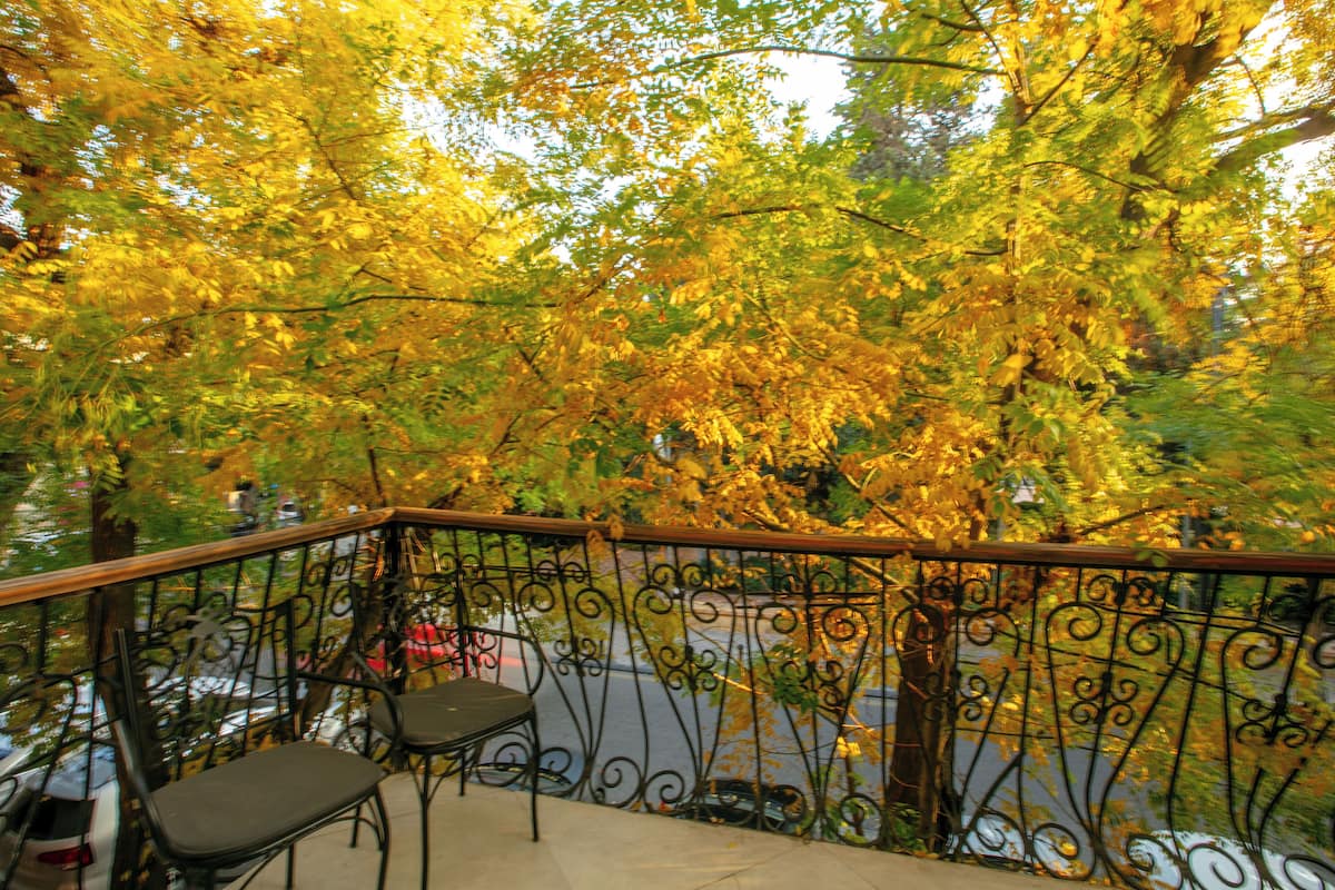 A balcony with a wrought iron railing, a chair, and a view of trees with yellow leaves.