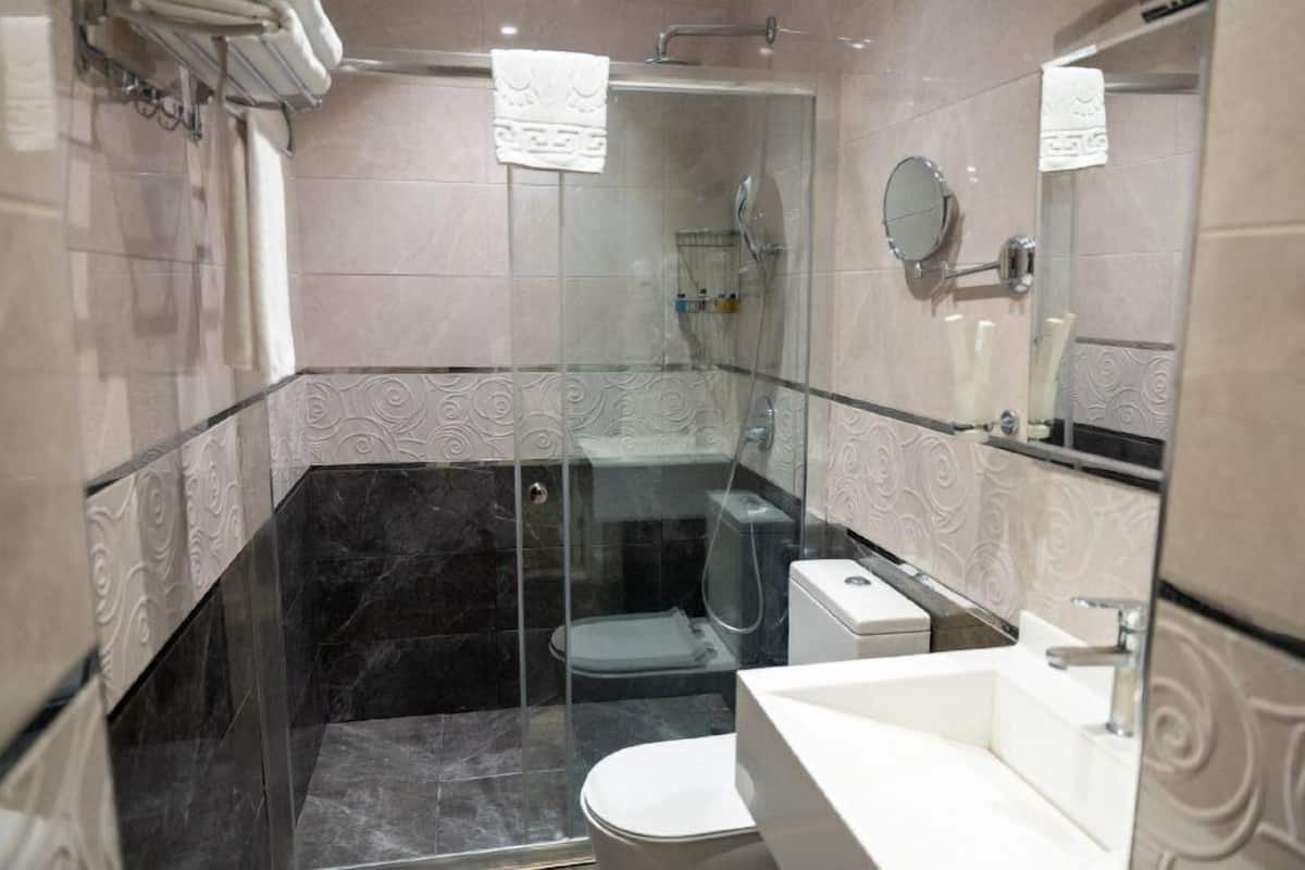Een douche, gratis toiletartikelen, een haardroger, badjassen