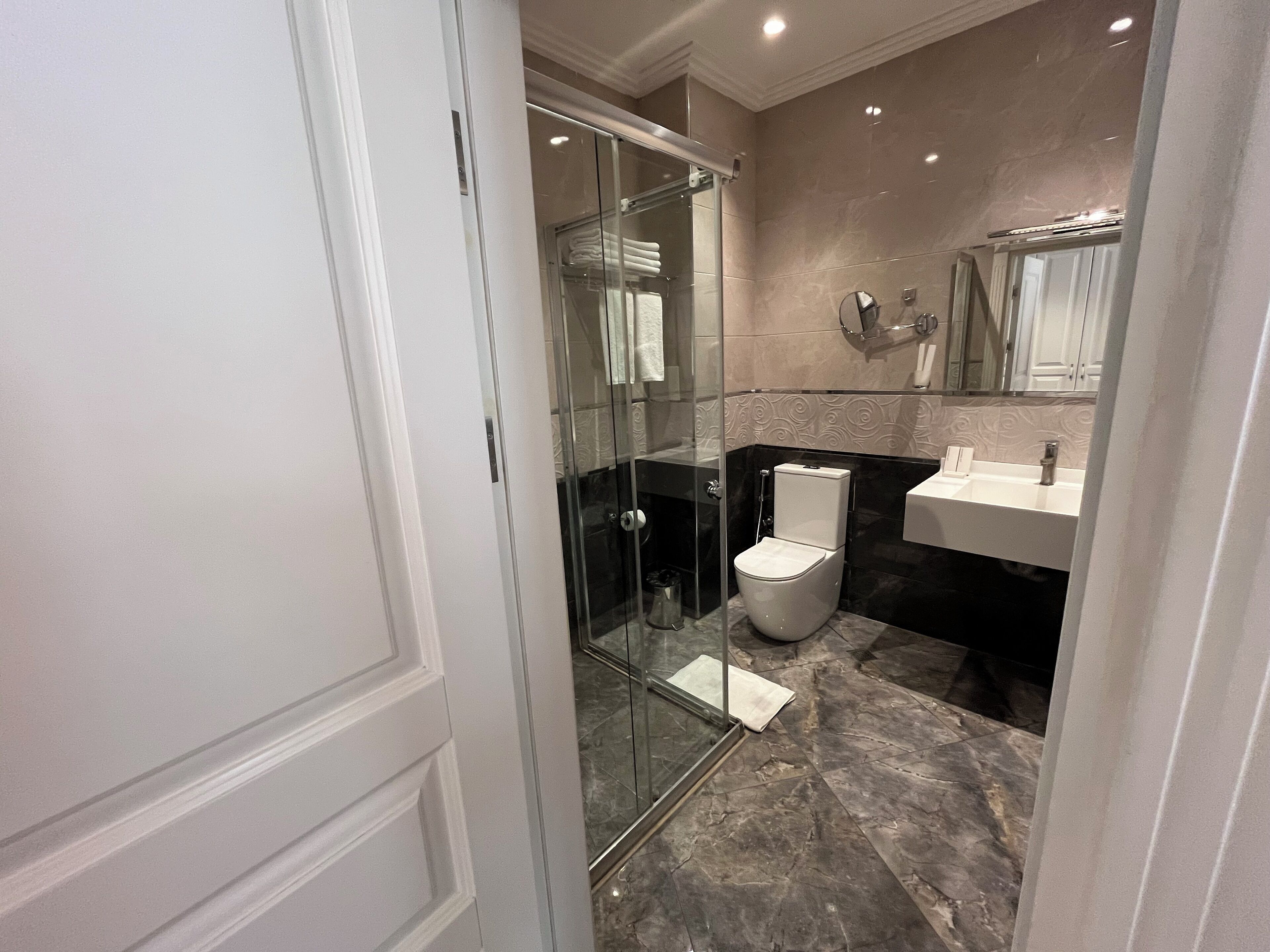 A modern bathroom with a glass shower enclosure, a white toilet, and a vanity with a mirror.