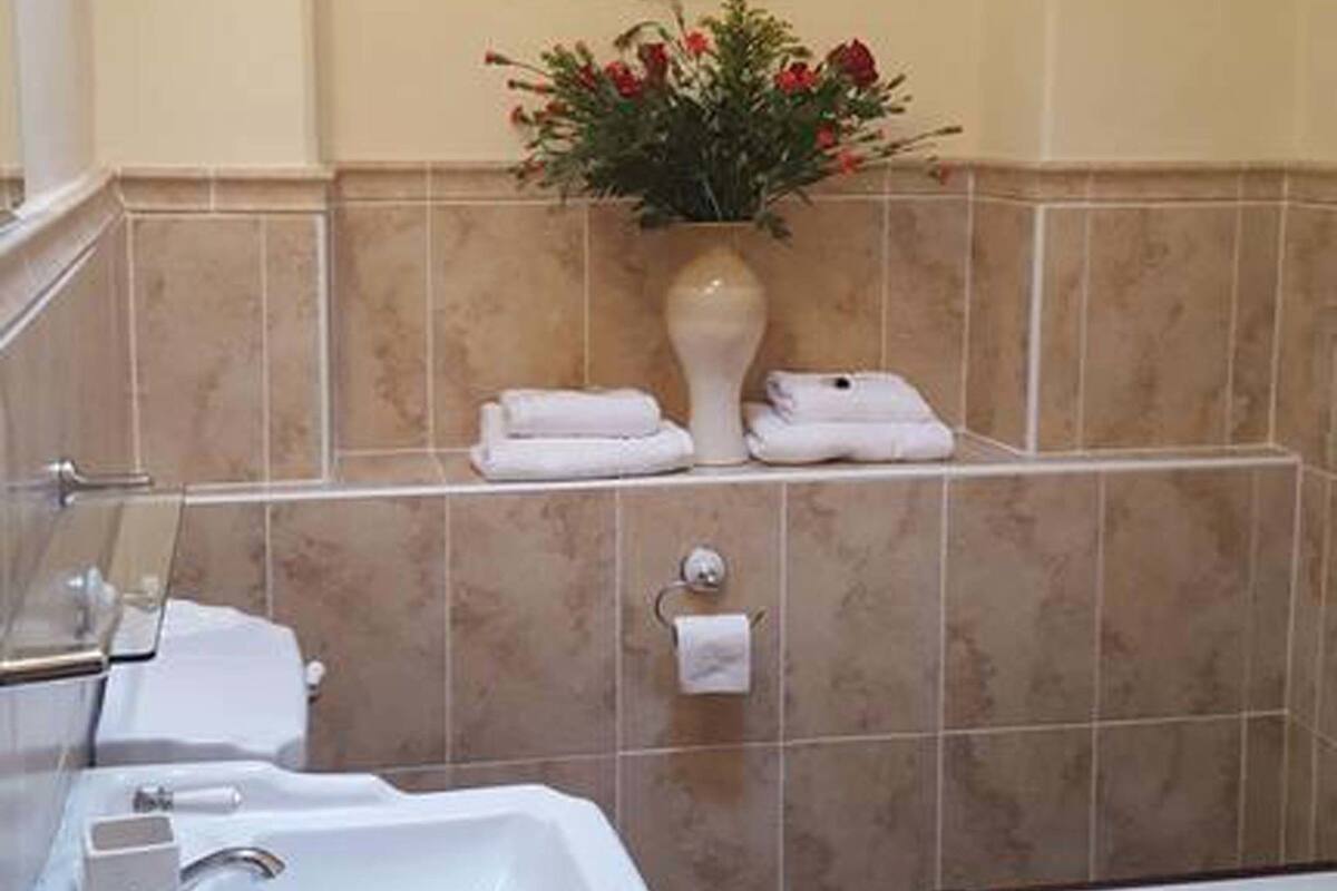 Une salle de bain équipée d’un lavabo, d’un miroir, d’un porte-serviettes et d’un vase avec des fleurs.