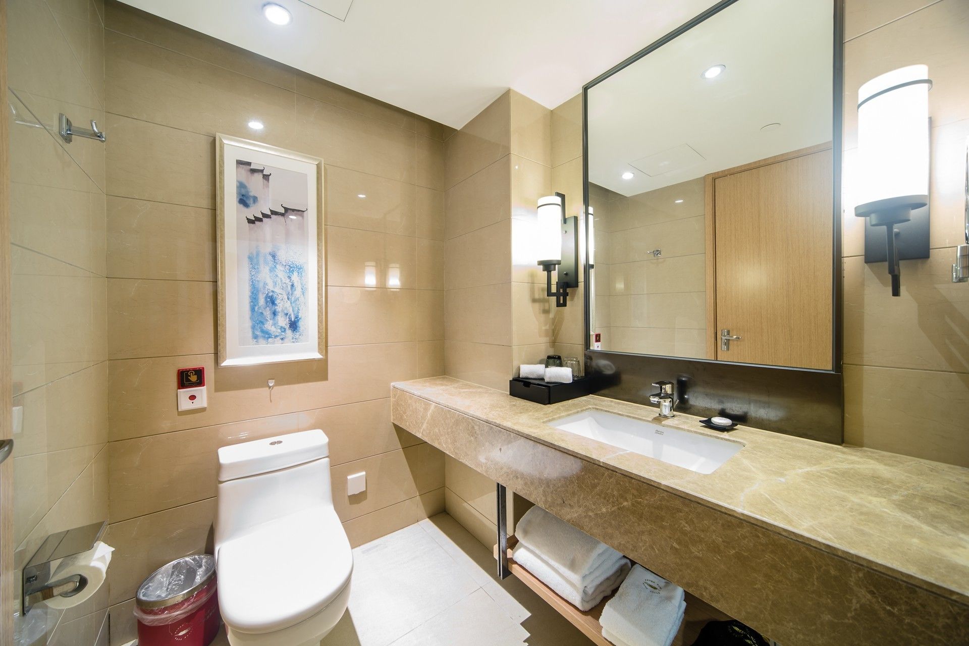 A modern bathroom with a toilet, sink, and large mirror.