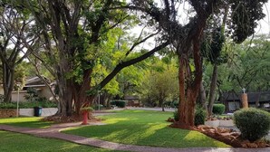 A residential area with a well-maintained lawn, mature trees, and a paved pathway. - Ananda Lodge (Rustenburg)