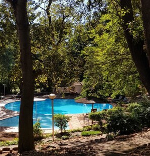 A swimming pool surrounded by lush greenery and trees. - Ananda Lodge (Rustenburg)