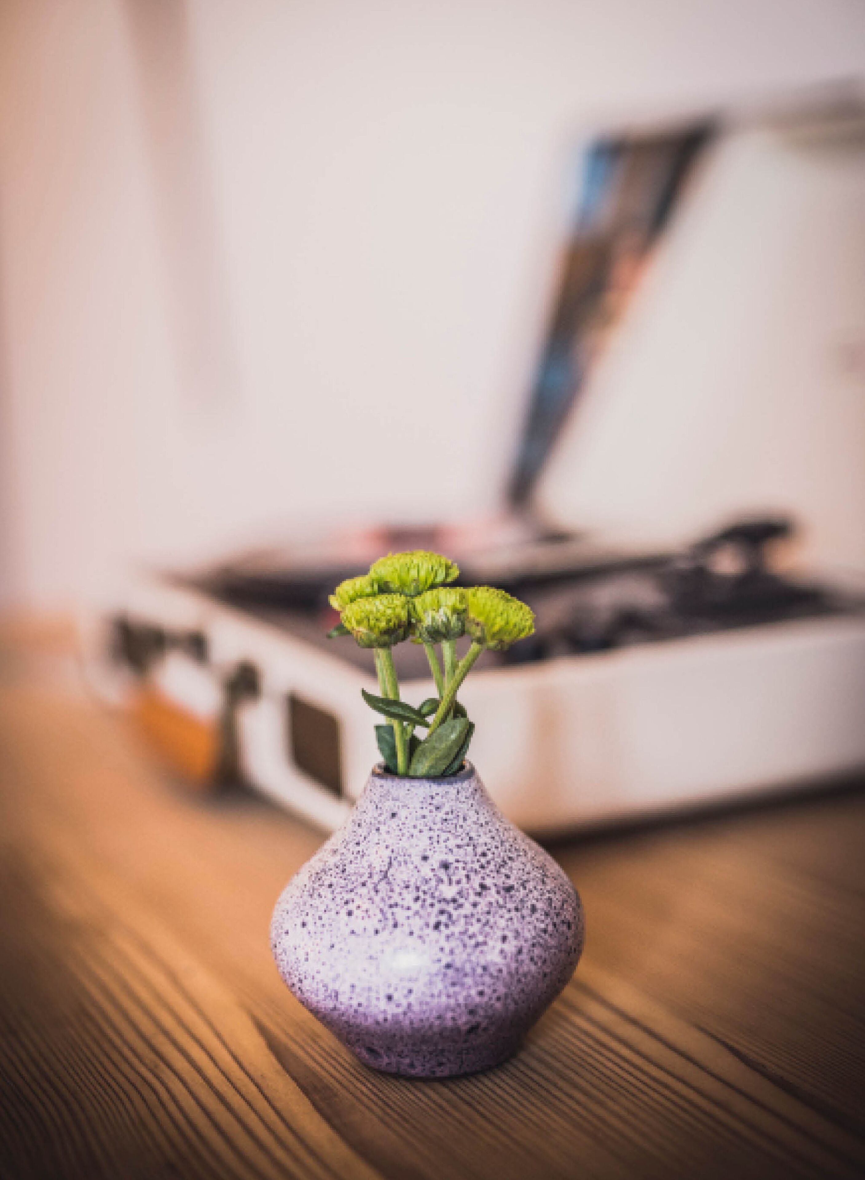 Eine kleine, violette Vase mit grünen Blumen auf einem Holztisch.