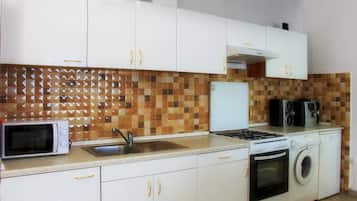 Fridge, microwave, oven, coffee/tea maker