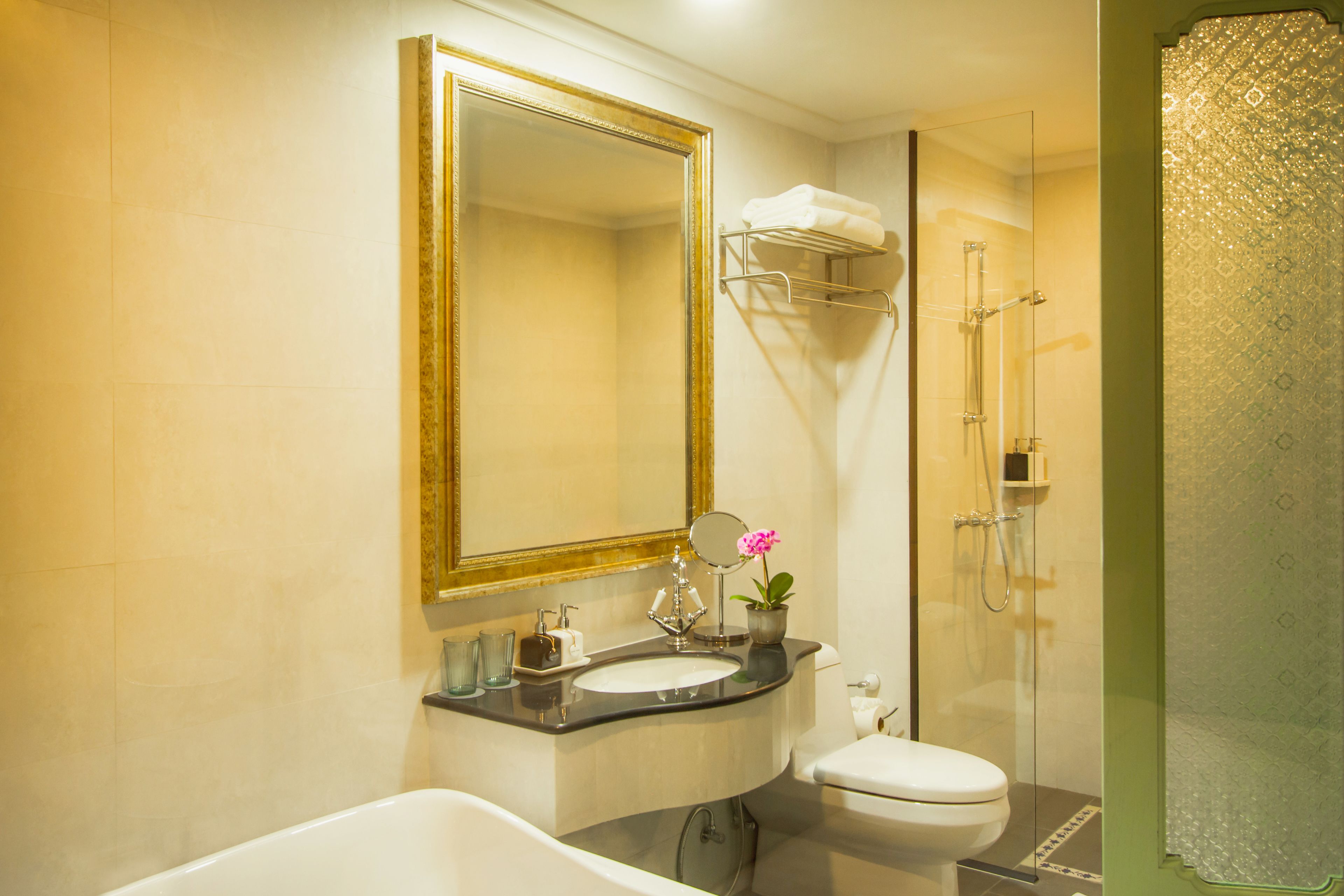 free toiletries, hair dryer, dressing gowns, slippers