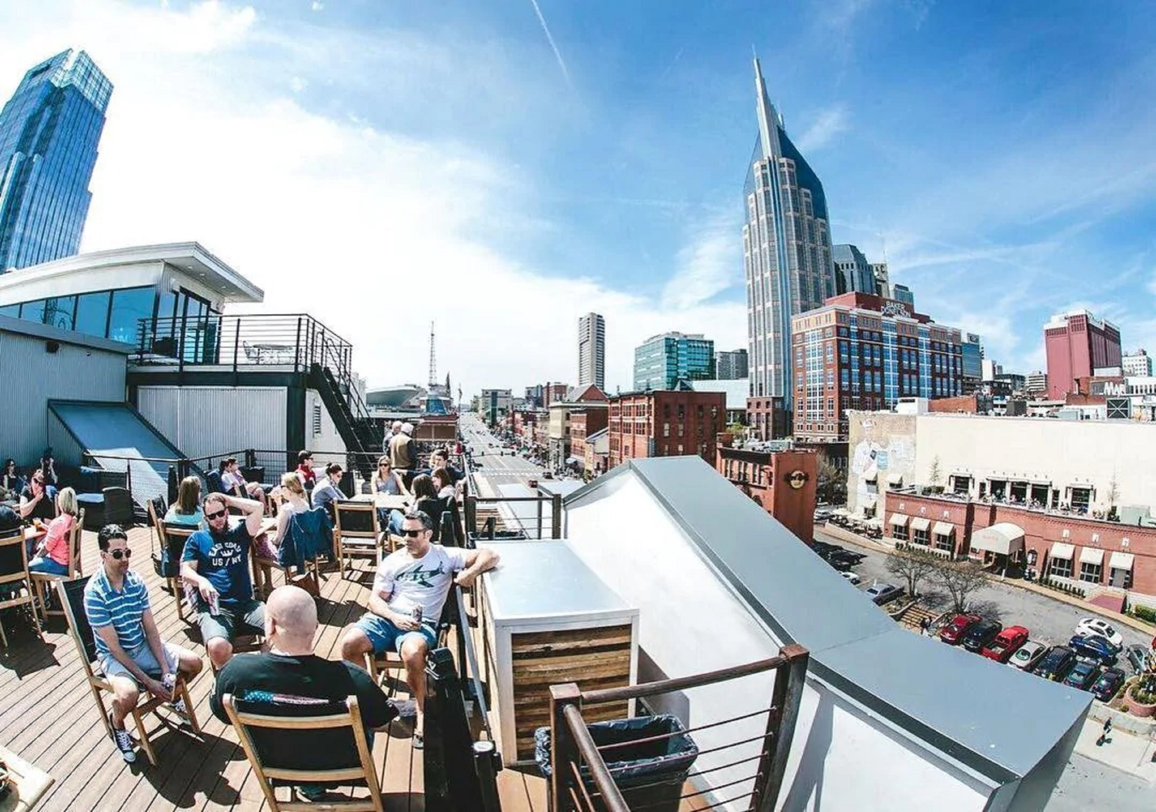 A rooftop bar with a city view, featuring modern buildings and a clear sky.