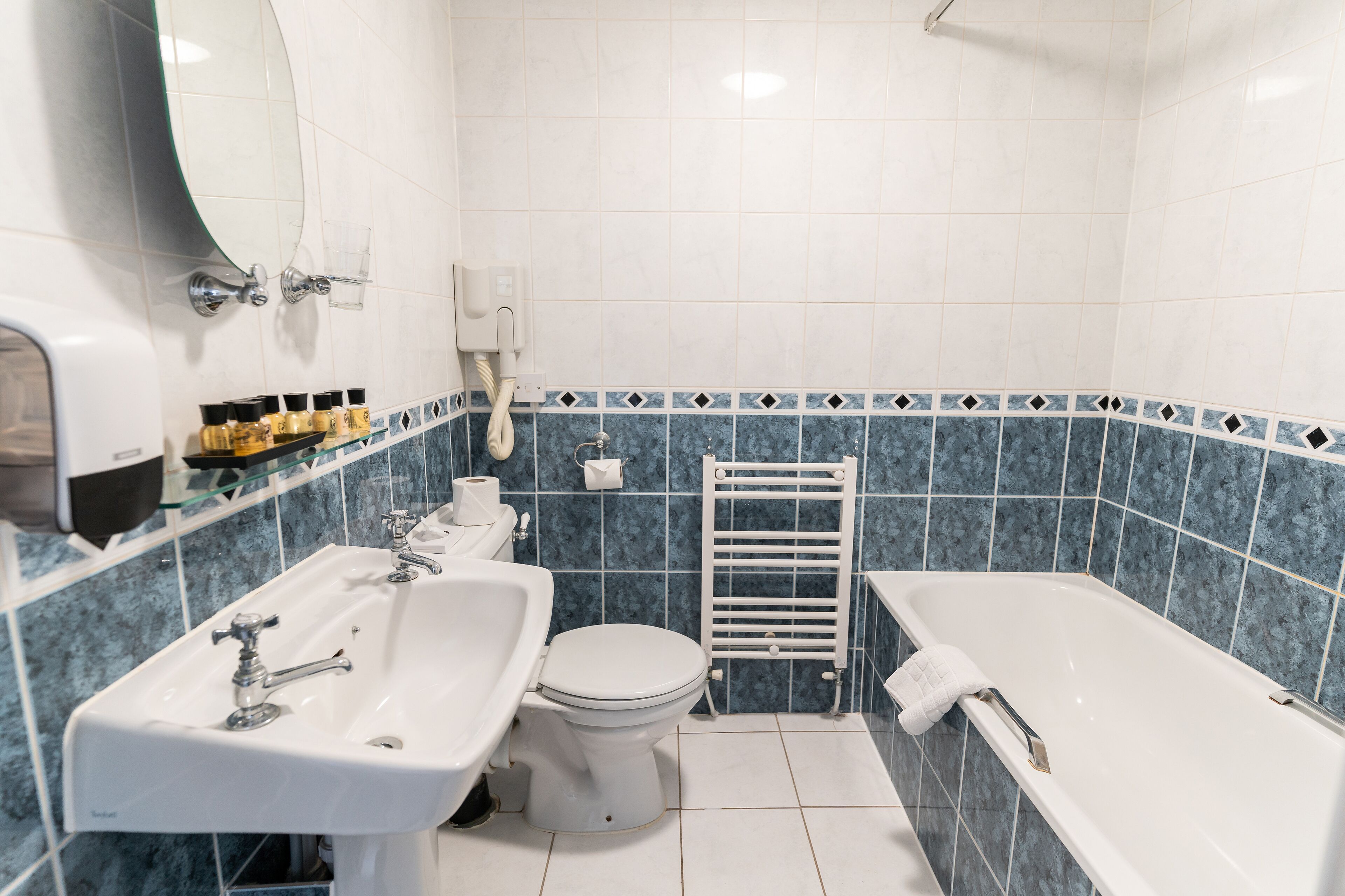 free toiletries, hair dryer, towels