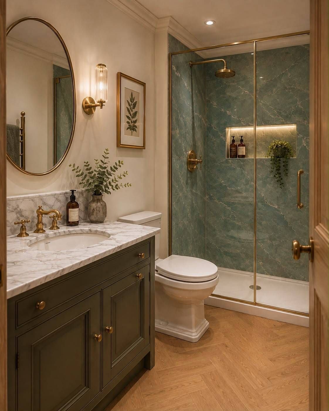 A bathroom with a marble vanity, a toilet, a glass-enclosed shower, and a mirror with a gold frame.