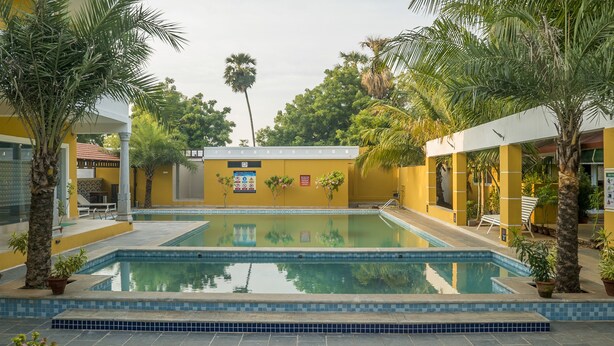 Ein Schwimmbecken mit gefliesten Rändern, umgeben von Palmen und gelben Wänden.