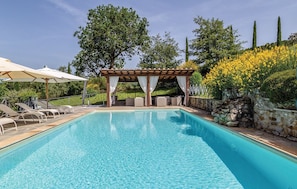 Outdoor pool, pool umbrellas, pool loungers