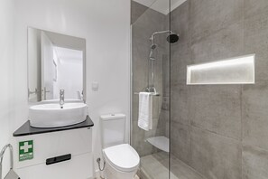 Shower, hair dryer, towels