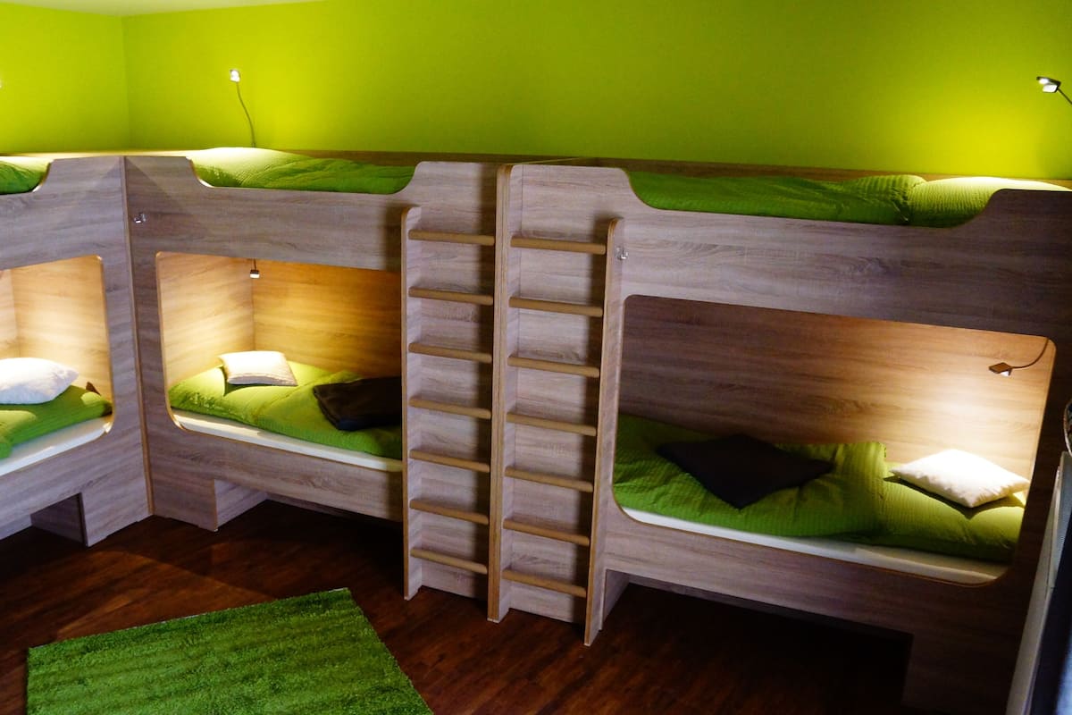 A room with bunk beds, a ladder, and a green rug.