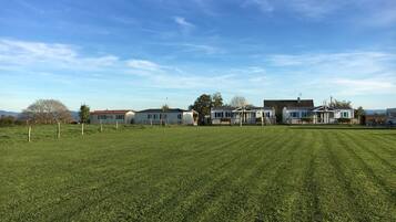 A row of mobile homes with a large grassy field in the foreground.