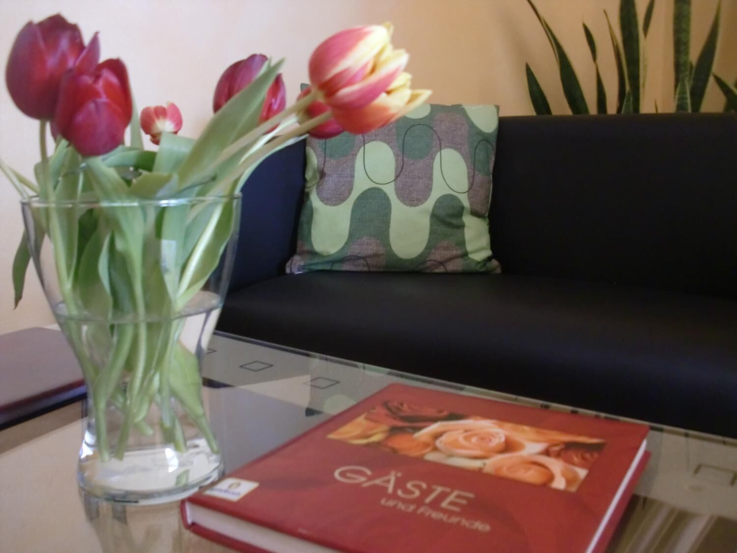 A clear glass vase with tulips on a table, a book titled 'GASTE und Freunde' in front of a sofa with a patterned cushion.