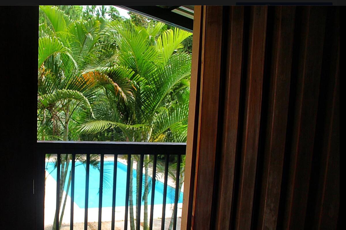 Terraza de madera con vistas a una piscina azul y palmeras.