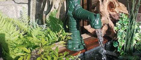 A green water spigot with water flowing into a stone basin surrounded by greenery.