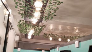A room with teal walls, black geometric partitions, and hanging plants with lights.