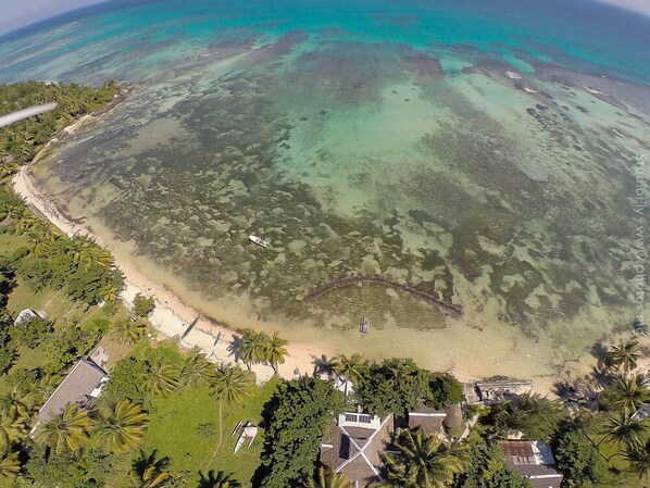 An aerial view of a coastal area with a sandy beach, dense palm trees, and a few buildings. - Analatsara Eco Lodge (Nosy Nato)