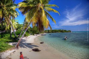 A beach with clear turquoise water, palm trees, and a person in a red shirt. - Analatsara Eco Lodge (Nosy Nato)