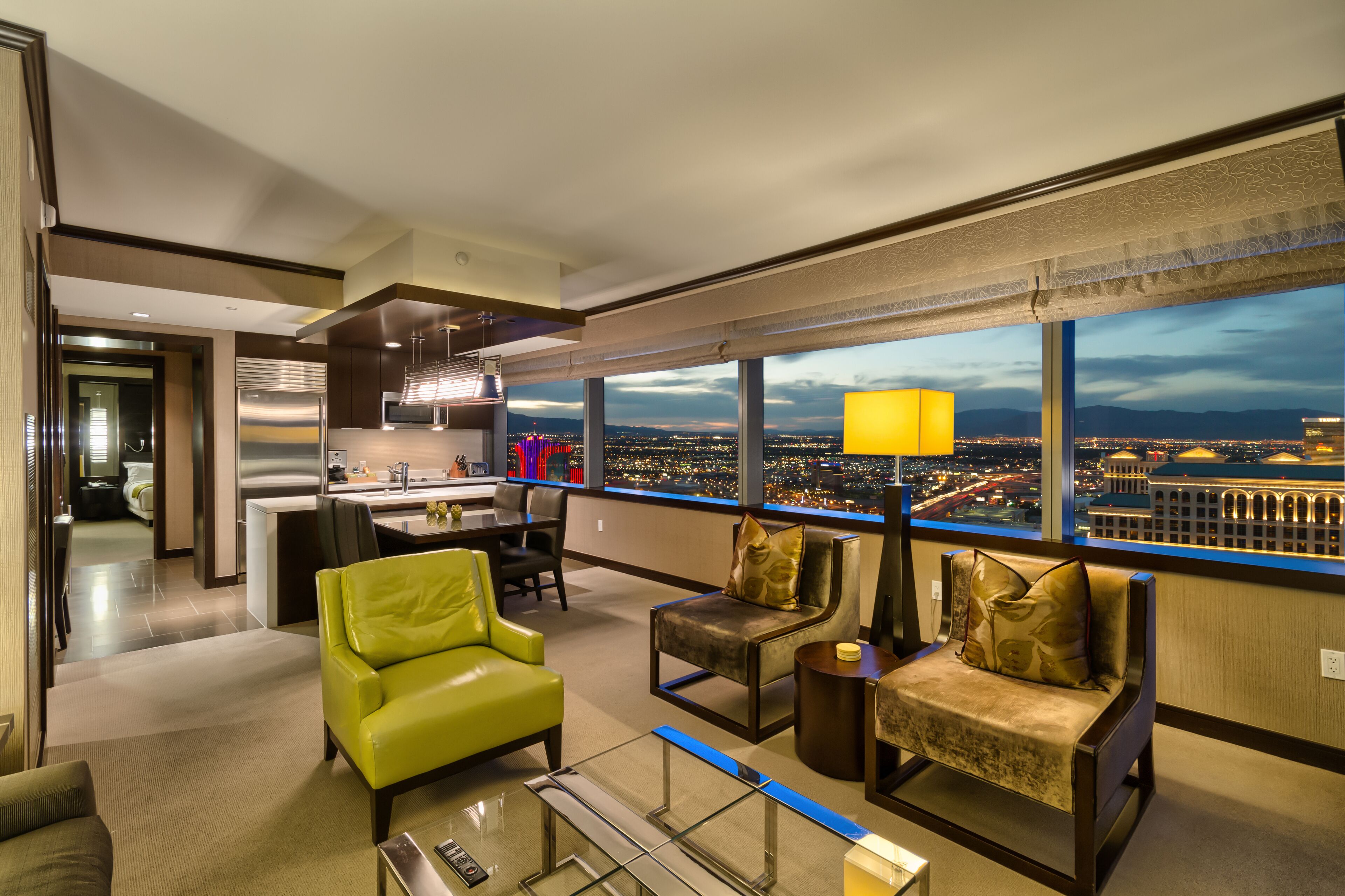 bellagio fountain view suite (2br) - 42nd floor | living room | 45-inch flat-screen tv with cable channels, tv, tablet