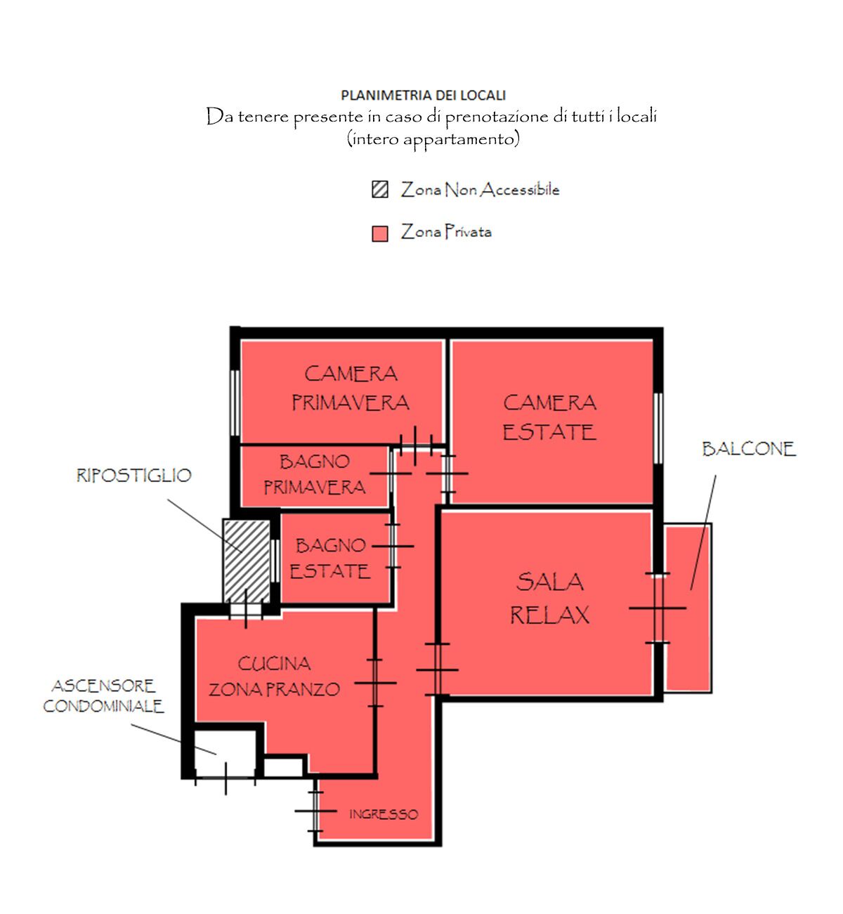 Plano de distribución de un hotel con habitaciones señaladas, que incluyen balcón, cocina y zona de relajación.